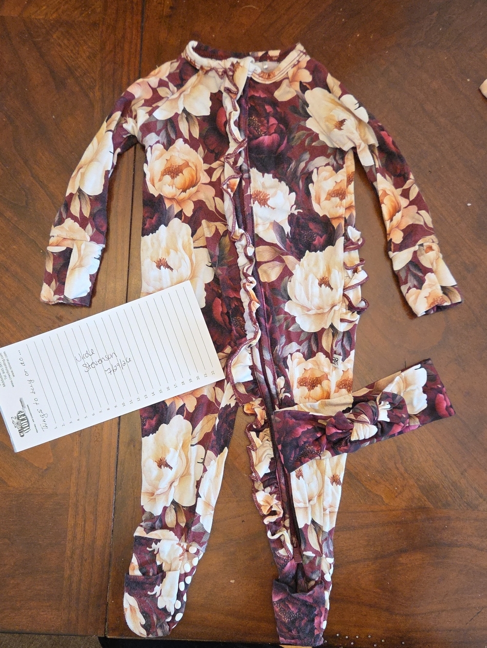 Bums And Roses Ruffled Floral Zippy With Matching Bow 0-3 GUC